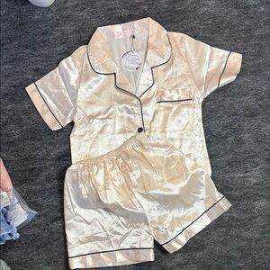 Kids Cream Satin Pajama Set with Black Trim XS 10-11 yrs